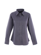 Dark charcoal grey long-sleeve button-down shirt with a classic collar and tailored fit on a white background.