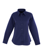Dark navy long-sleeve button-down shirt with a standard collar and a tailored, fitted silhouette.