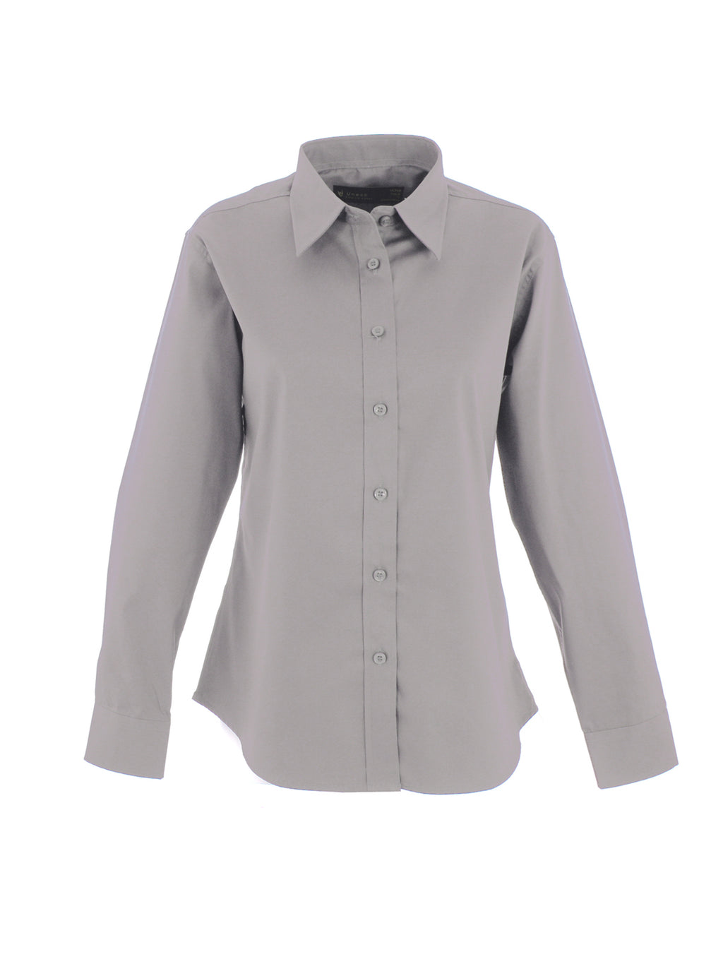 Grey long-sleeve button-down shirt with a standard collar and curved hem in a tailored fit.