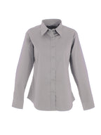 Grey long-sleeve button-down shirt with a standard collar and curved hem in a tailored fit.