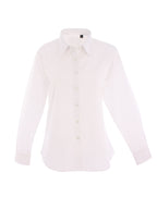 White long-sleeve button-down shirt with a standard collar and curved hem in a tailored, classic fit.