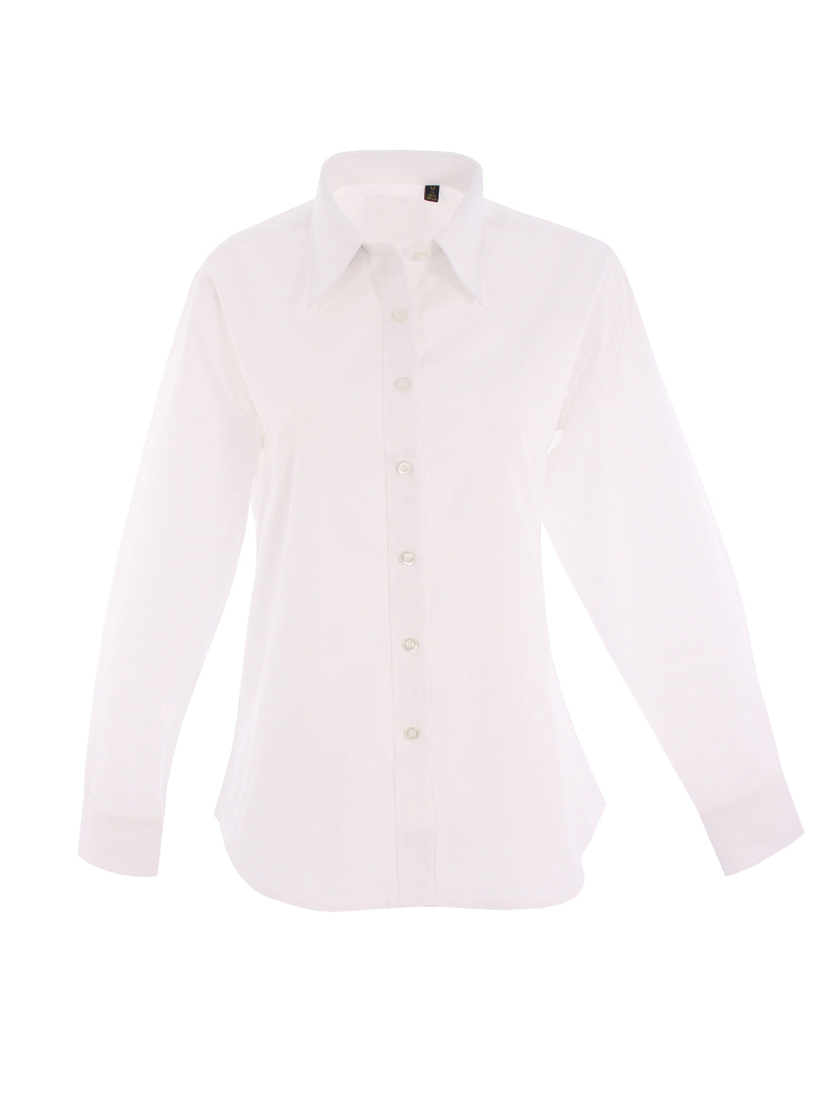 White long-sleeve button-down shirt with a standard collar and curved hem in a tailored, classic fit.