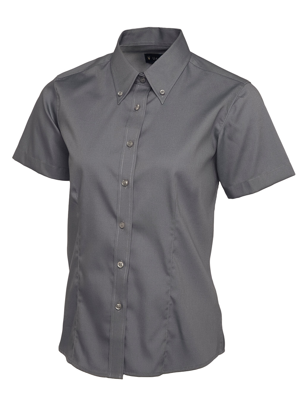 Charcoal grey short-sleeve button-down shirt with a button-down collar and tailored fit.
