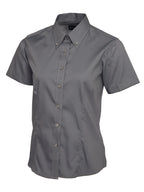 Charcoal grey short-sleeve button-down shirt with a button-down collar and tailored fit.
