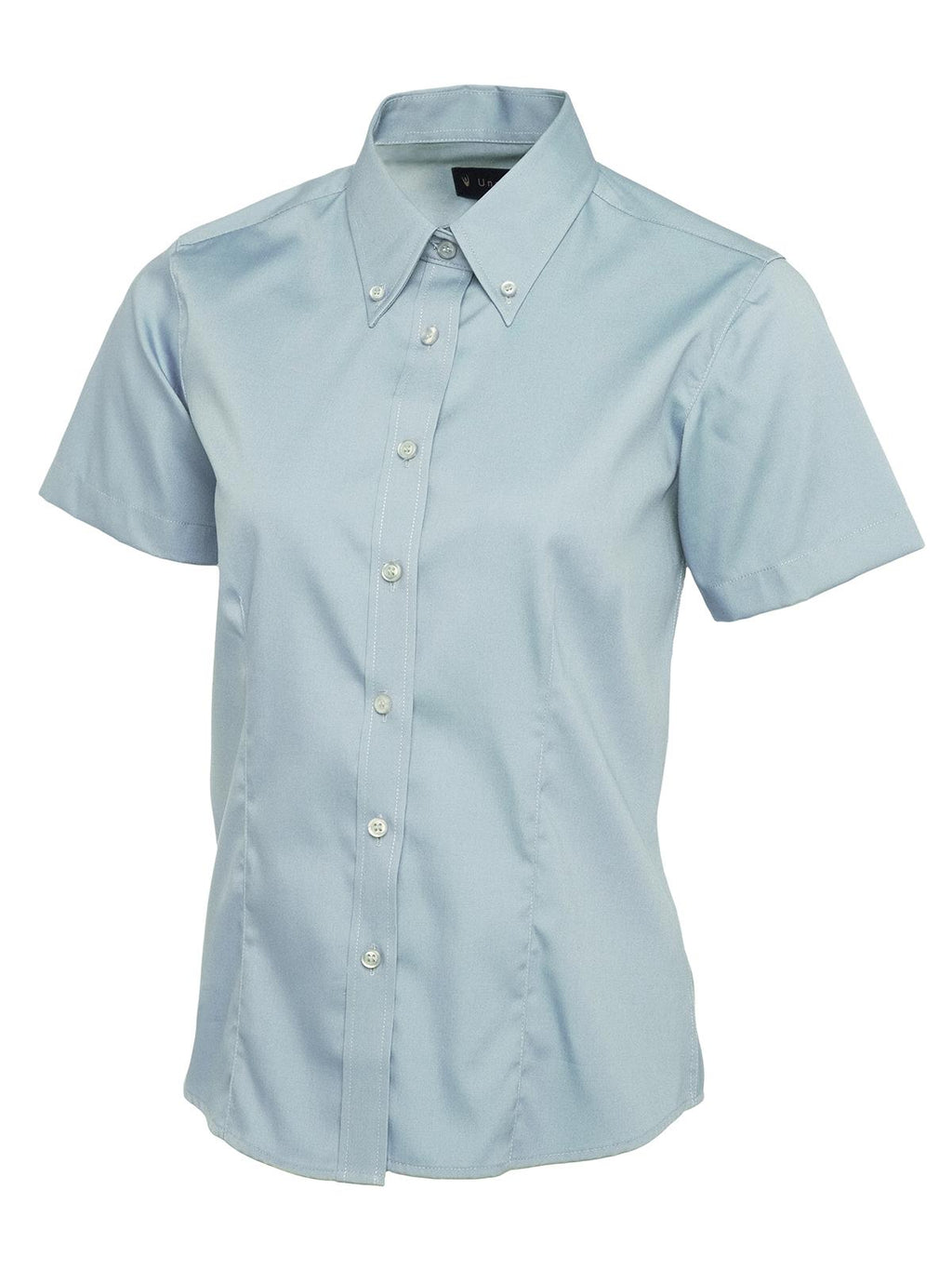 Light blue button-up shirt with short sleeves, a button-down collar, and a tailored, fitted silhouette.