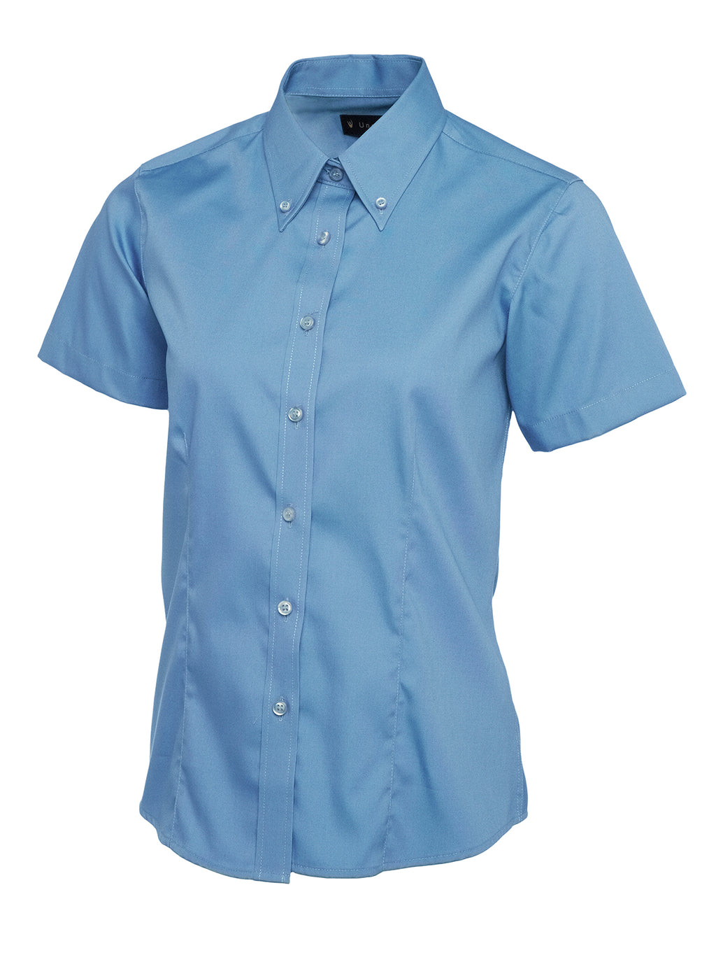 Light blue women's short-sleeve button-down shirt with a button-down collar and tailored fit.