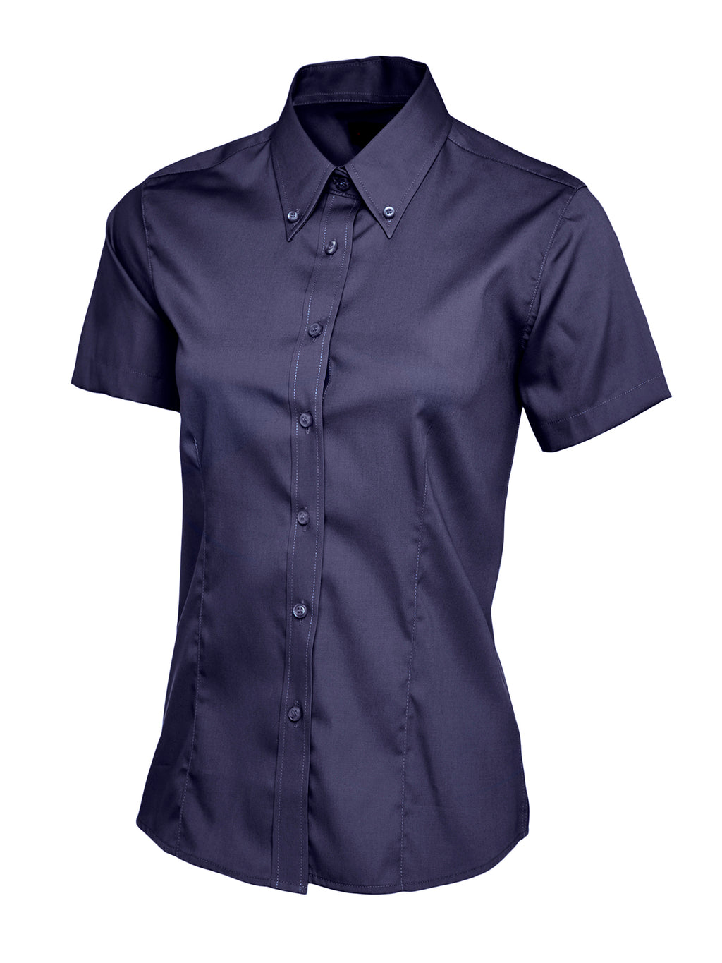 Navy blue short-sleeve button-down shirt with a button-down collar and tailored, feminine fit.