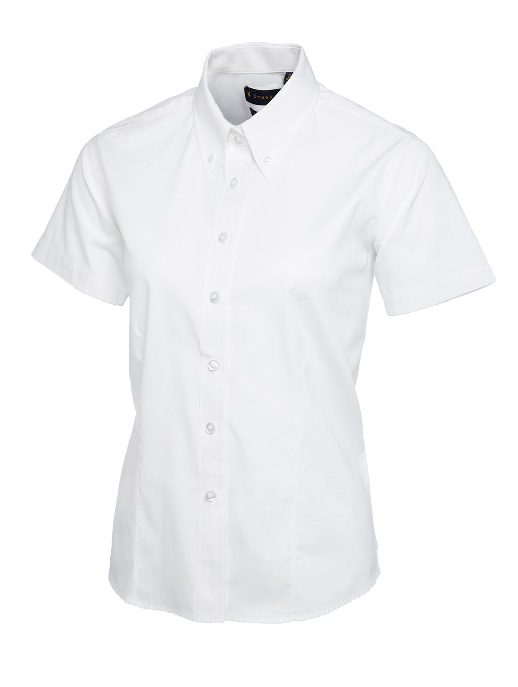White women's short-sleeve button-down shirt with a button-down collar and tailored, fitted silhouette.