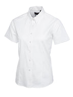 White women's short-sleeve button-down shirt with a button-down collar and tailored, fitted silhouette.