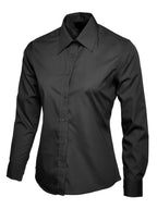 Women's black long-sleeve button-down shirt with a classic collar and a tailored, fitted silhouette.