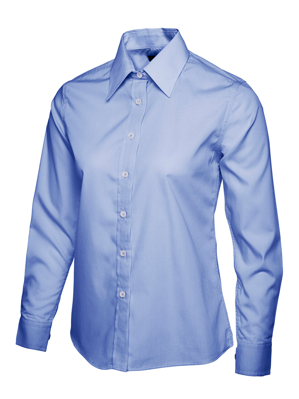 Light blue button-down shirt with a classic collar, long sleeves, and a tailored fit on a white background.