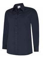 Navy long-sleeve button-down shirt with a standard collar and fitted silhouette.