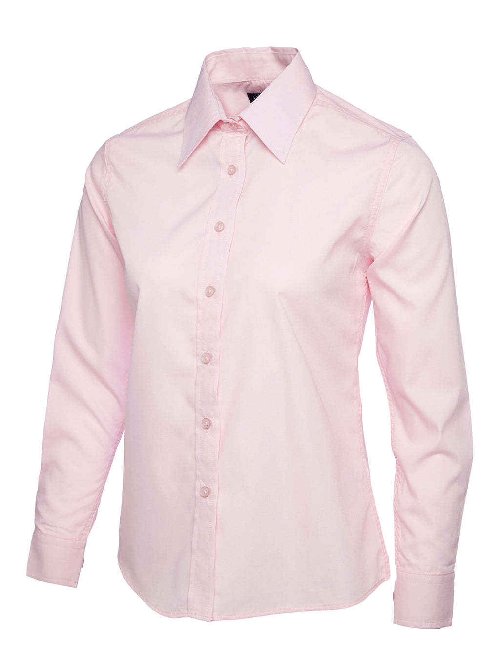 Women’s light pink long-sleeve button-down shirt with a pointed collar and tailored fit.