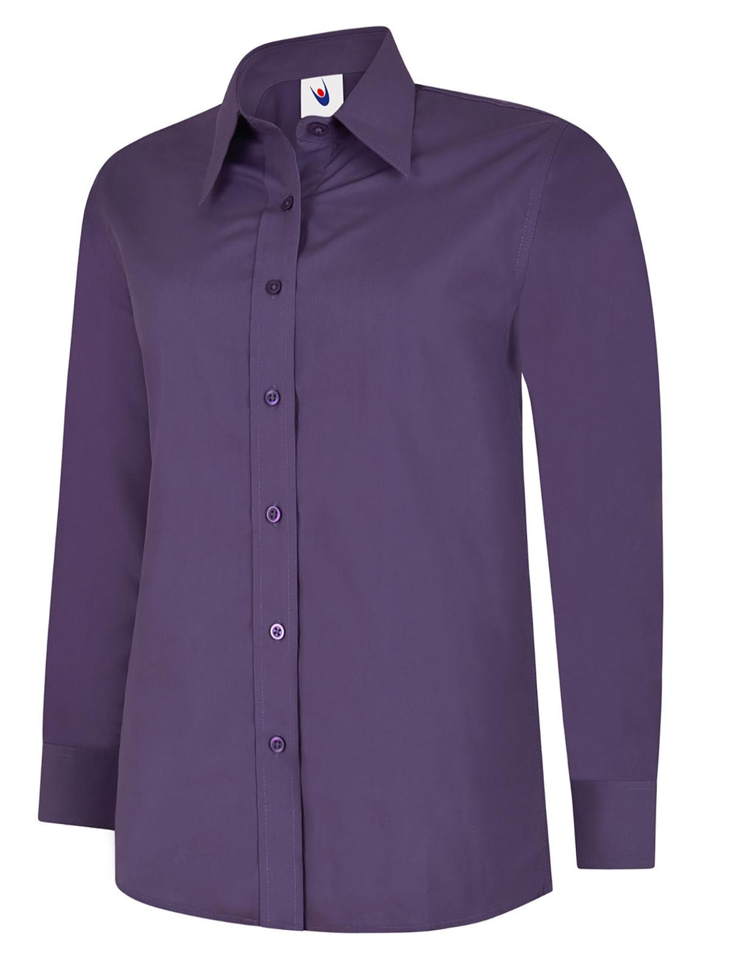 Long-sleeve button-down shirt in deep purple, featuring a pointed collar, buttoned cuffs, and a relaxed, straight fit.