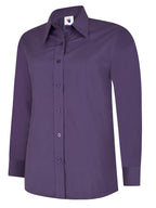 Long-sleeve button-down shirt in deep purple, featuring a pointed collar, buttoned cuffs, and a relaxed, straight fit.