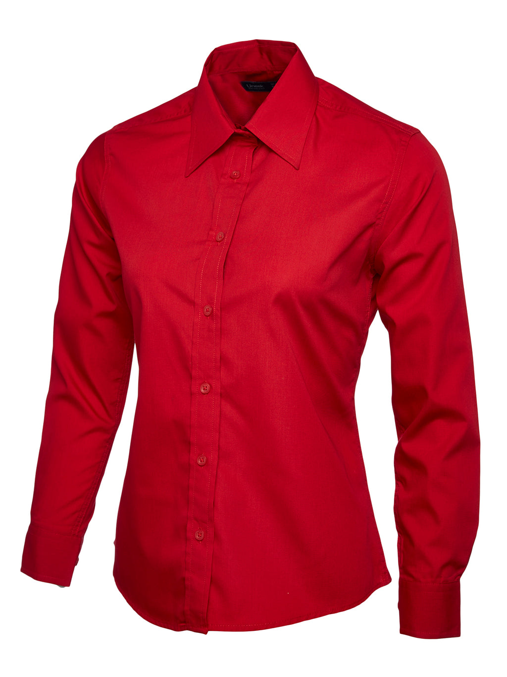 Women’s bright red, long-sleeve button-down shirt with a classic collar and a tailored, slim fit.