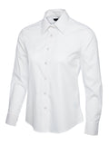 Women's white long-sleeve button-down shirt with a classic collar and tailored fit.