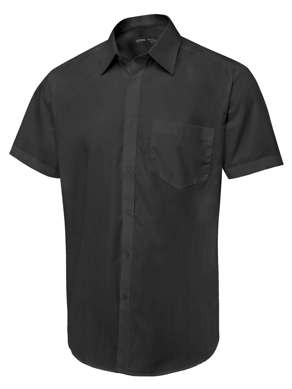Black short-sleeved button-up shirt with a pointed collar, full front button placket, and a left chest pocket.