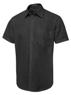 Black short-sleeved button-up shirt with a pointed collar, full front button placket, and a left chest pocket.