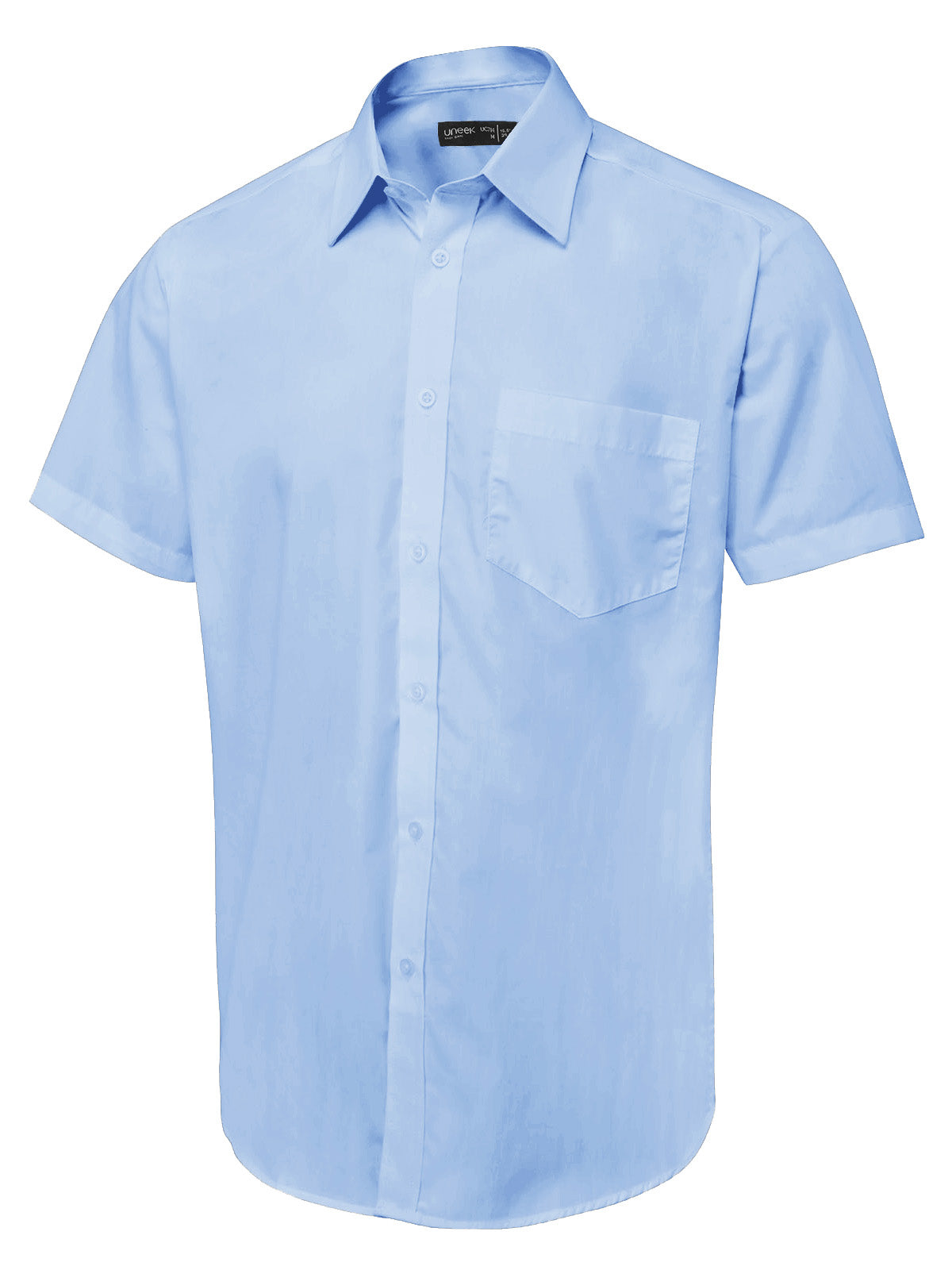 Light blue short-sleeve button-down shirt with a standard collar, chest pocket, and a regular fit.