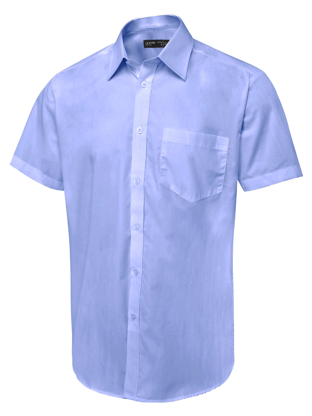 Light blue short-sleeve button-down shirt with a standard collar, chest pocket, and a classic regular fit.