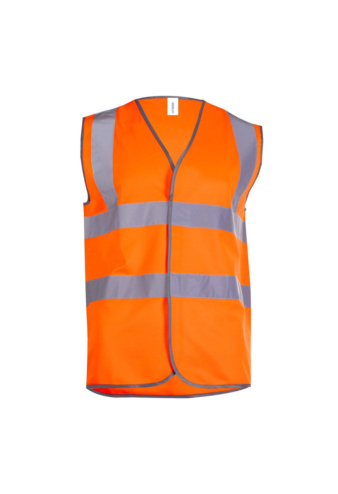 High-visibility orange sleeveless vest with grey reflective strips, V-neck, and a loose, boxy fit.