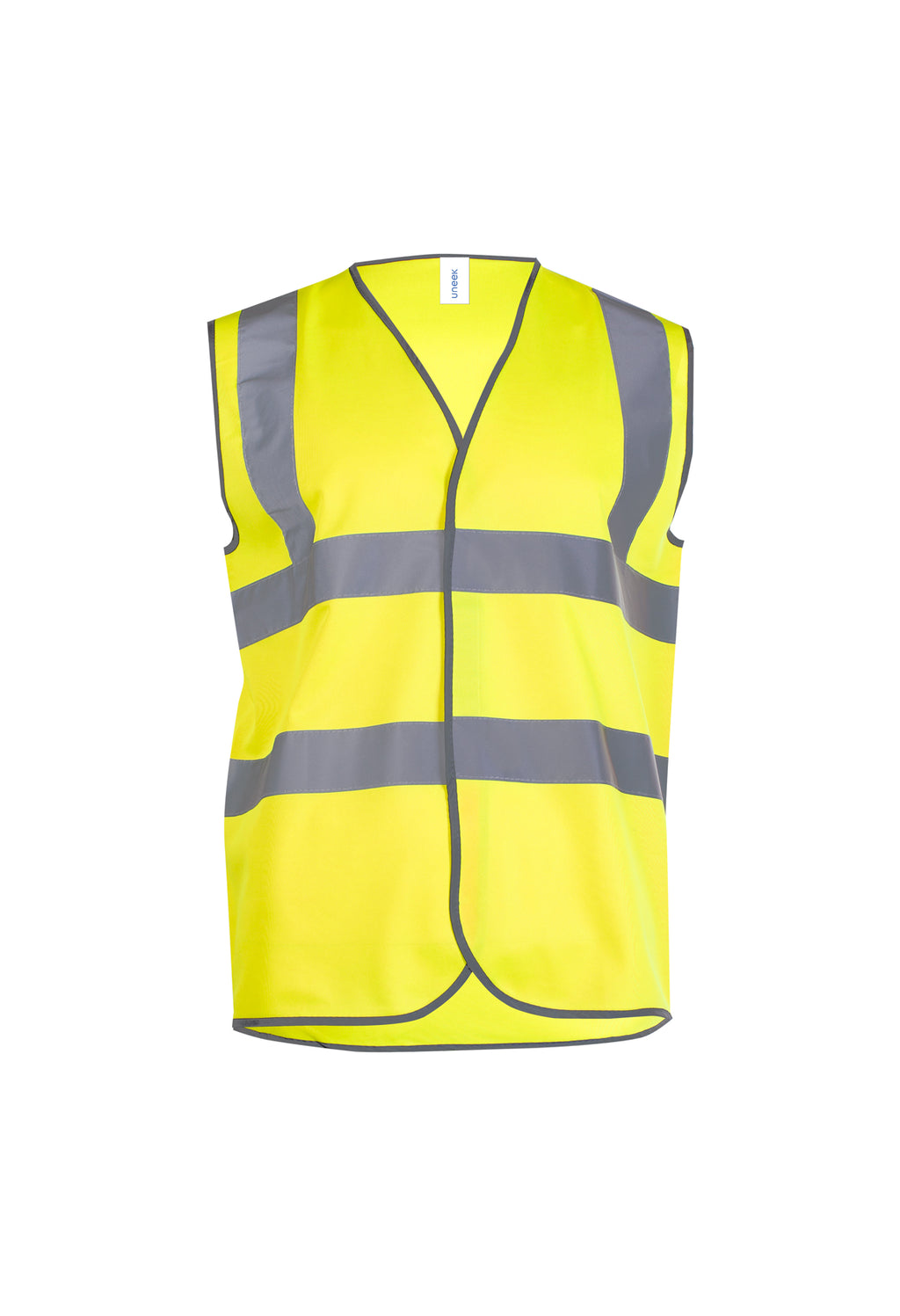 High-visibility yellow safety vest with grey reflective strips, V-neck, and relaxed sleeveless fit.