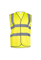 High-visibility yellow safety vest with grey reflective strips, V-neck, and relaxed sleeveless fit.