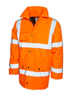 Bright orange high-visibility parka with reflective silver stripes, button closure, collar, and utility pockets.