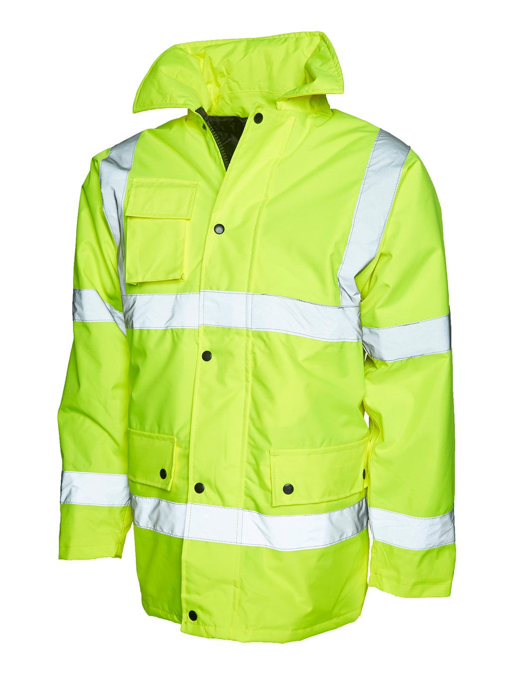 High-visibility yellow safety jacket with reflective tape, button-down storm flap, and multiple utility pockets.