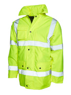 High-visibility yellow safety jacket with reflective tape, button-down storm flap, and multiple utility pockets.