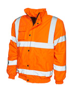 High-visibility orange bomber jacket with reflective strips, high collar, zip and button closure, and ribbed hem.