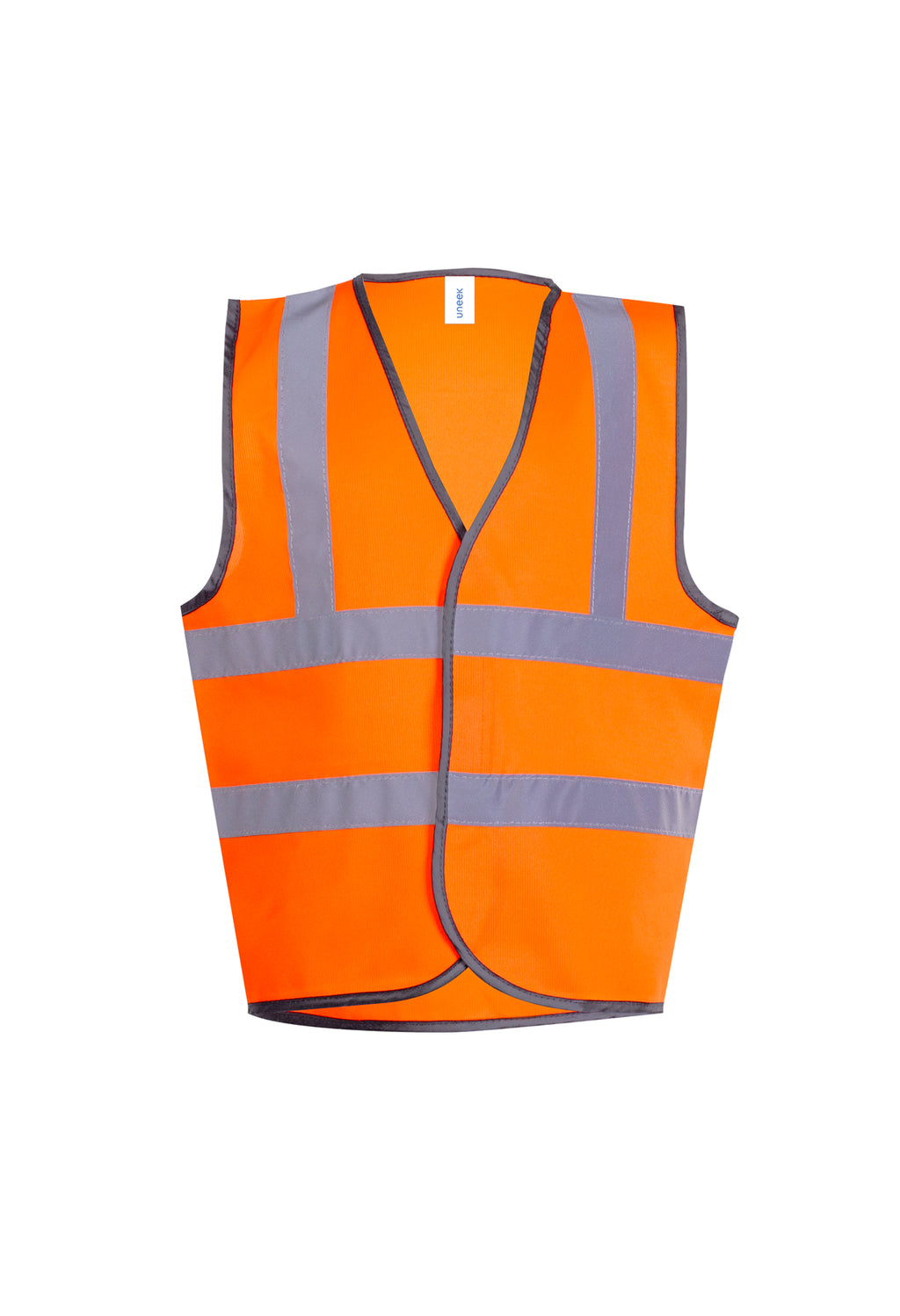High-visibility orange sleeveless safety vest with two horizontal and two vertical grey reflective strips, loose fit.