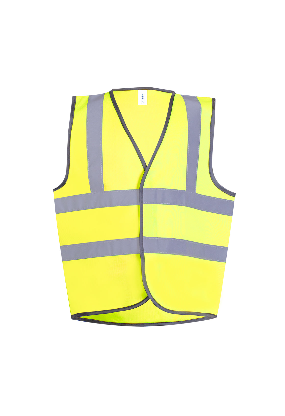 High-visibility neon yellow sleeveless safety vest with reflective grey stripes and grey trim, regular fit.