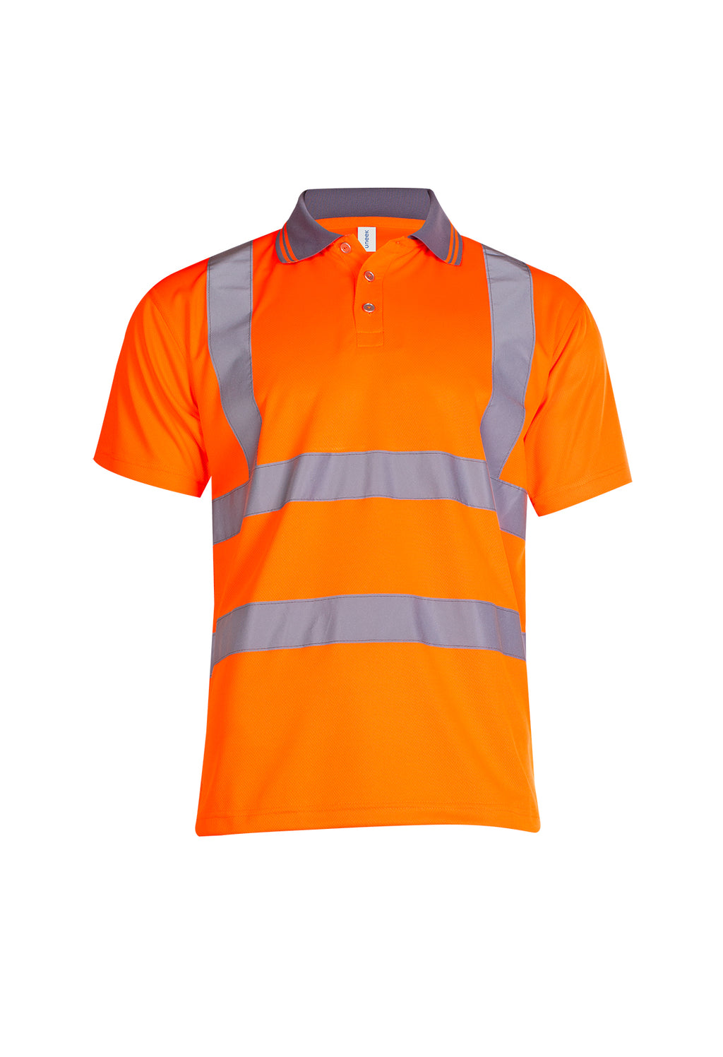 High-visibility orange polo shirt with short sleeves, grey contrast collar, and reflective shoulder and waist strips.