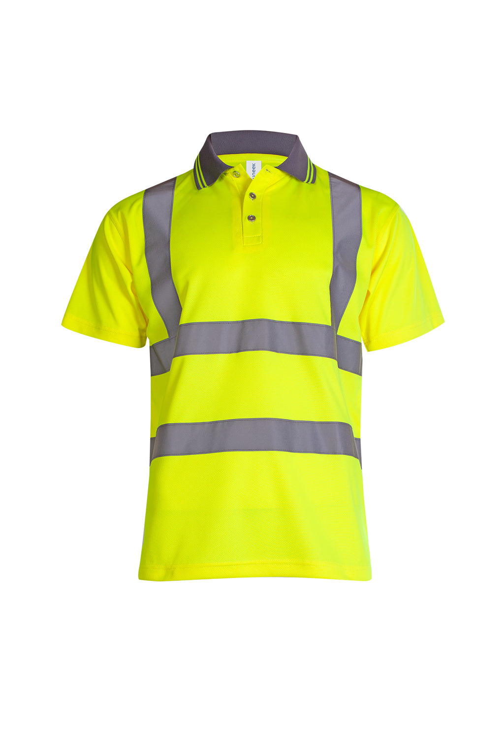 High-visibility yellow polo shirt with grey reflective tape, grey collar, short sleeves, and a regular fit.