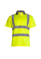 High-visibility yellow polo shirt with grey reflective tape, grey collar, short sleeves, and a regular fit.