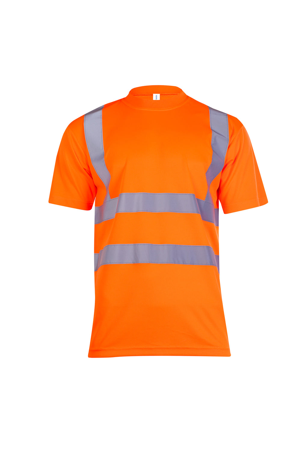 Hi-vis orange crew neck short-sleeve shirt with horizontal and vertical grey reflective tape. Relaxed fit.