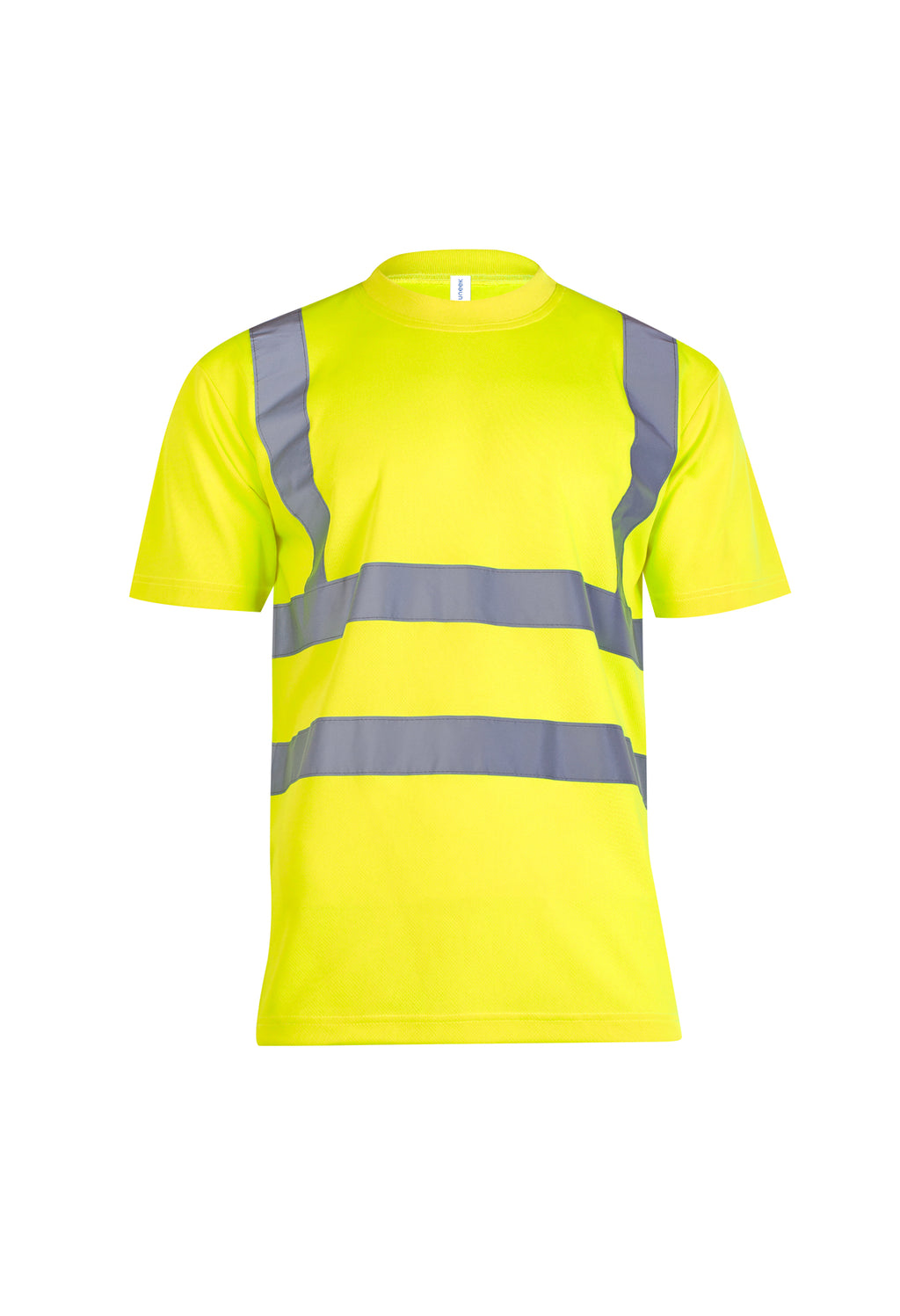High-visibility neon yellow short-sleeve t-shirt with grey reflective stripes and a classic crew neck regular fit.