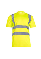High-visibility neon yellow short-sleeve t-shirt with grey reflective stripes and a classic crew neck regular fit.