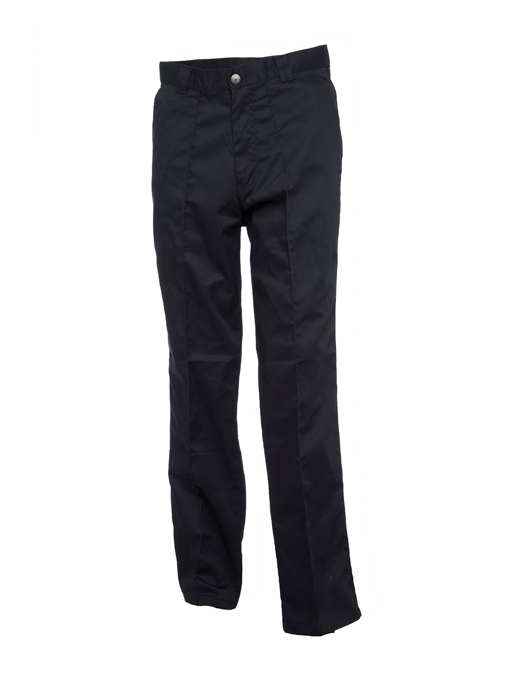 Black work pants with a structured straight-leg fit, belt loops, button closure, and vertical seam details.