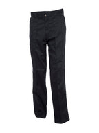 Black work pants with a structured straight-leg fit, belt loops, button closure, and vertical seam details.