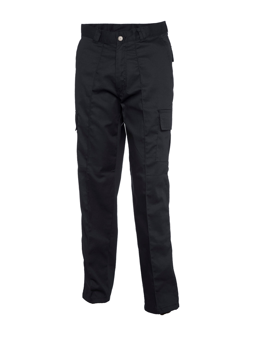 Black cargo work pants with a button closure, belt loops, and side flap pockets in a straight-leg, relaxed fit.
