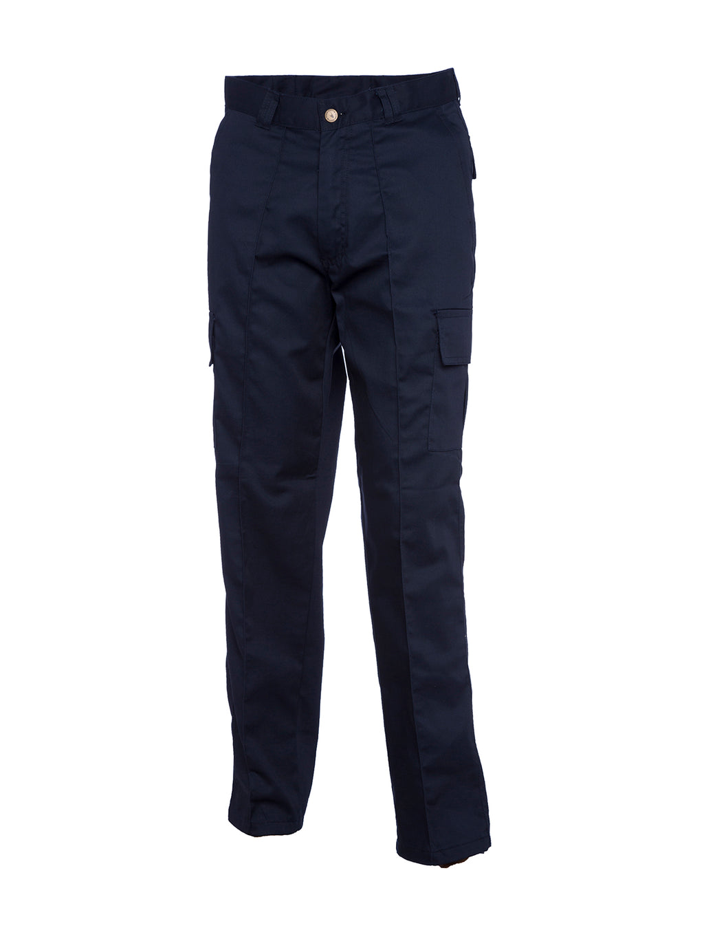 Navy blue cargo pants with straight-leg fit, belt loops, button closure, and side flap pockets on a white background.