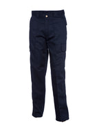 Navy blue cargo pants with straight-leg fit, belt loops, button closure, and side flap pockets on a white background.