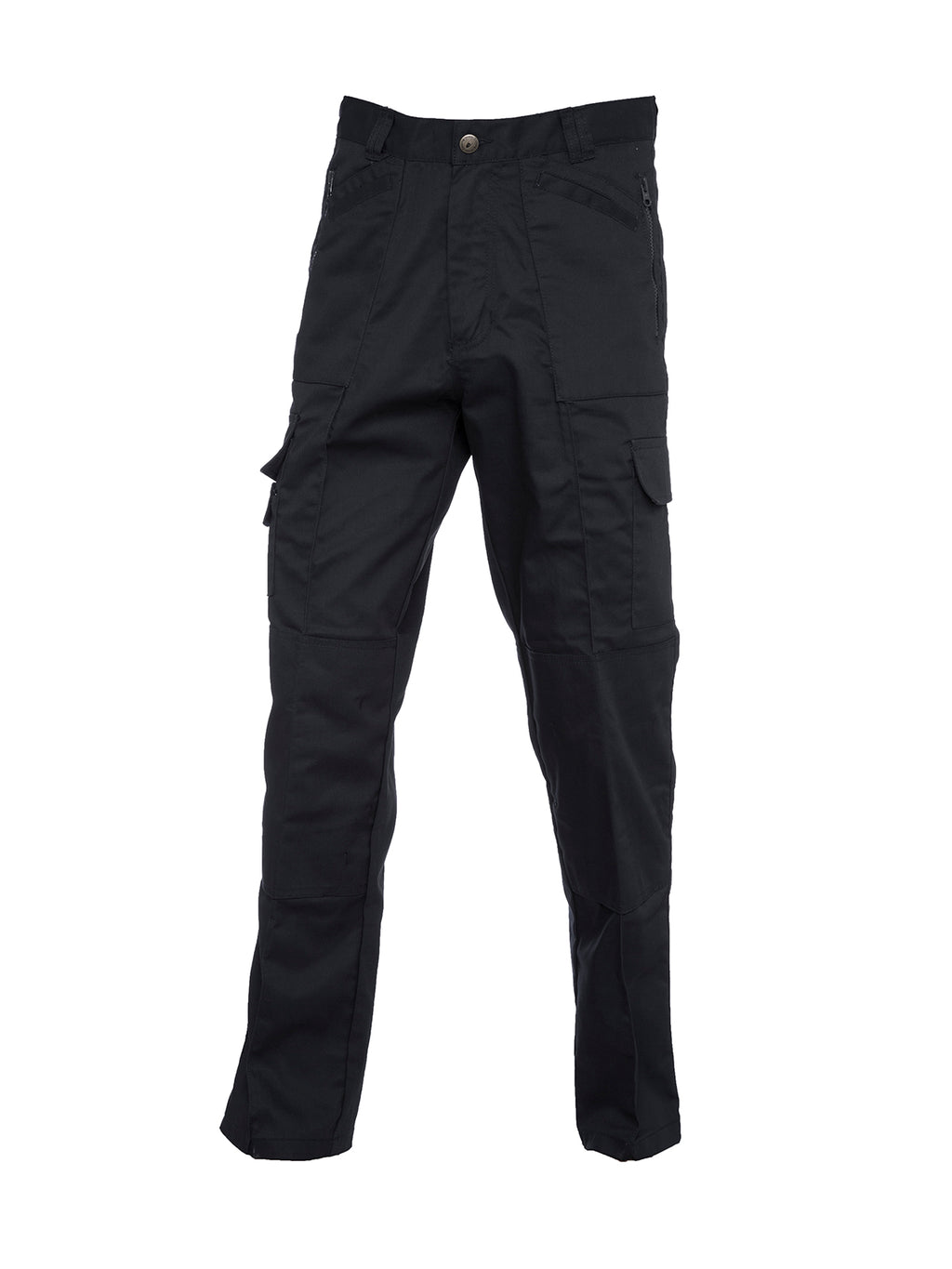 Black cargo work pants with reinforced knees, side pockets, zipper accents, and a relaxed, straight-leg fit.