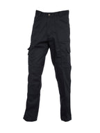 Black cargo work pants with reinforced knees, side pockets, zipper accents, and a relaxed, straight-leg fit.