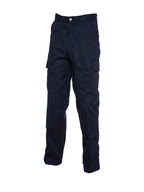 Navy blue cargo tactical pants with belt loops, button closure, and side pockets in a relaxed, straight-leg fit.
