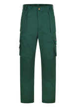 Dark green utility cargo trousers with reinforced knees, multiple side pockets, and a regular fit.