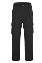 Black cargo work pants with reinforced knees, side pockets, and a straight-leg fit.